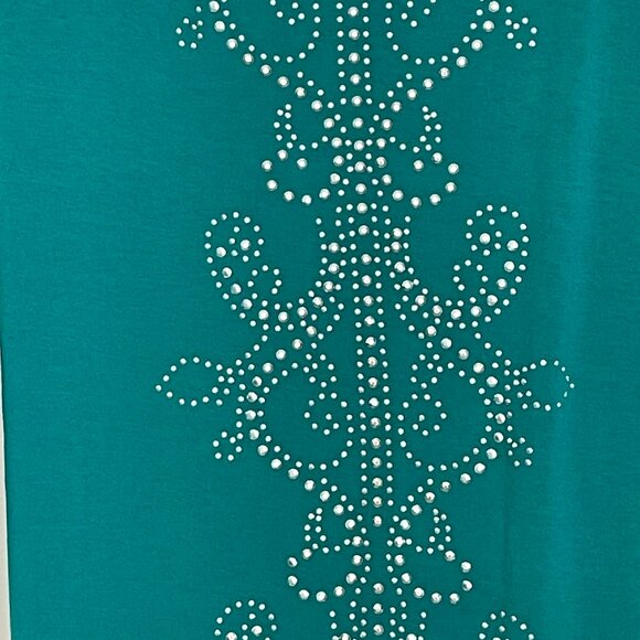 Silver Studded Round Neck Embellished T-Shirt 3/4 Sleeve Green… - Picture 3 of 4